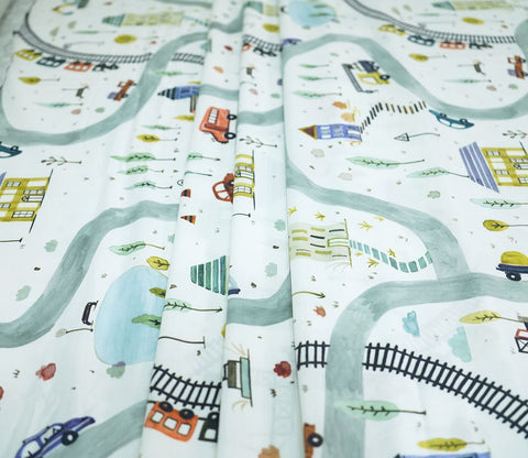 Train And Town Flat Cotton Kids Bed Sheet King Size with 2 Pillow Covers