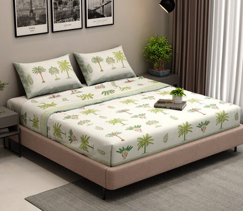 200 TC Leafy Impression Percale Cotton Bedsheet King Size With 2 Pillow Cover