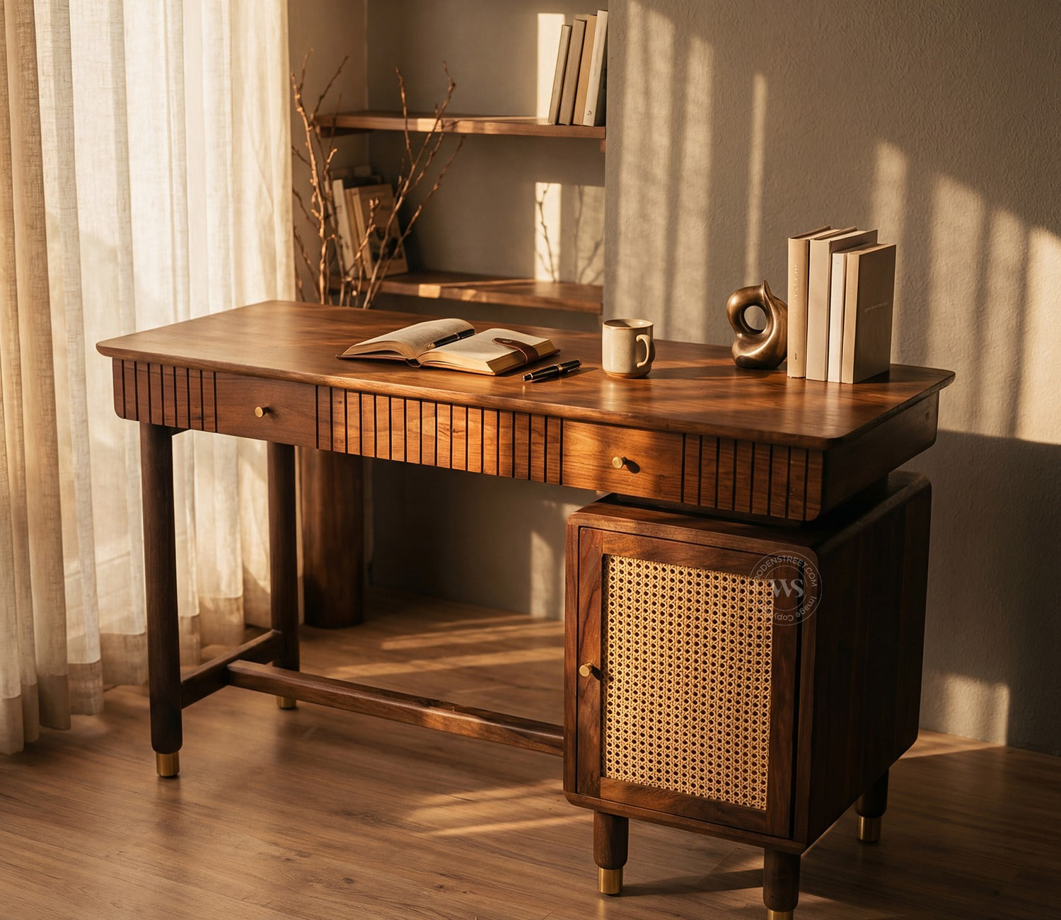 Kalam Modern Designer Sheesham Wood Study Table with Cane Accents & Drawer Storage (Teak Finish)