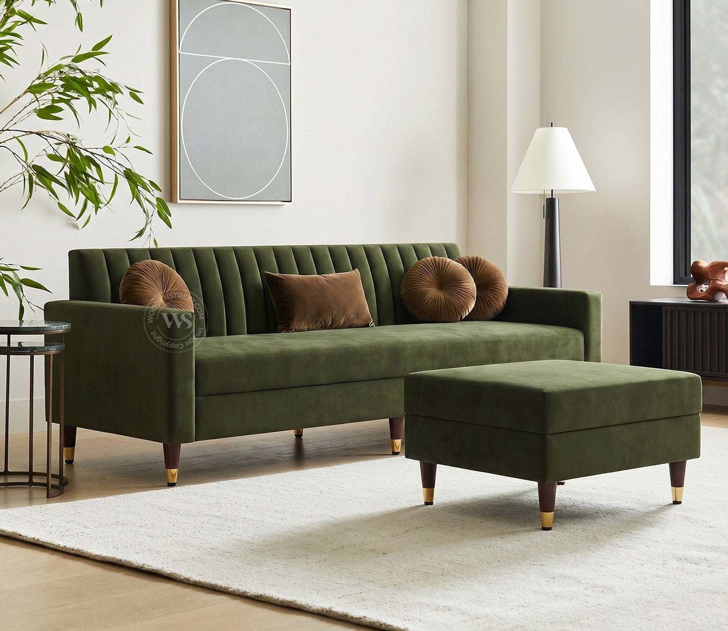 Everett L-Shape Corner Fabric Sofa (Velvet, Dark Olive Green)