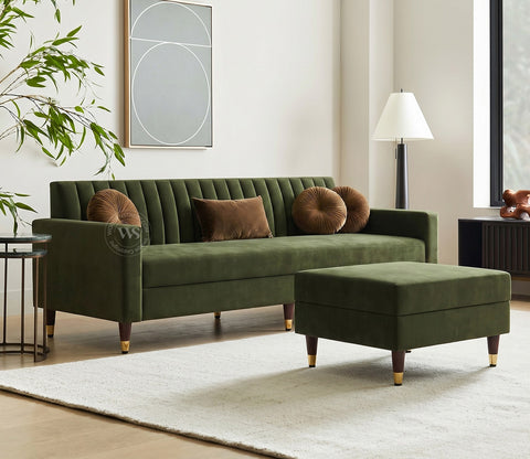 Everett L-Shape Corner Fabric Sofa (Velvet, Dark Olive Green)