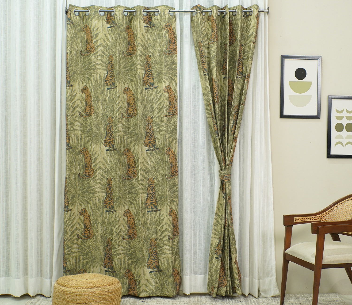 Leopard Print Light-Filtering Door Curtains Set of 2 (Green, 7 Feet)