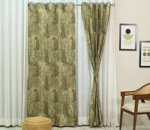 Leopard Print Light-Filtering Door Curtains Set of 2 (Green, 7 Feet)