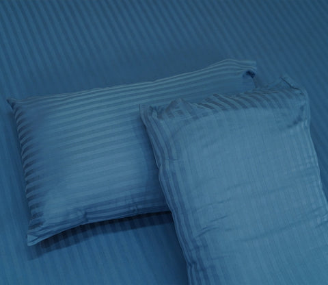 300 TC Pure Cotton Fitted King Size Bedsheet with Satin Stripe with 2 Pillow Covers (Blue)