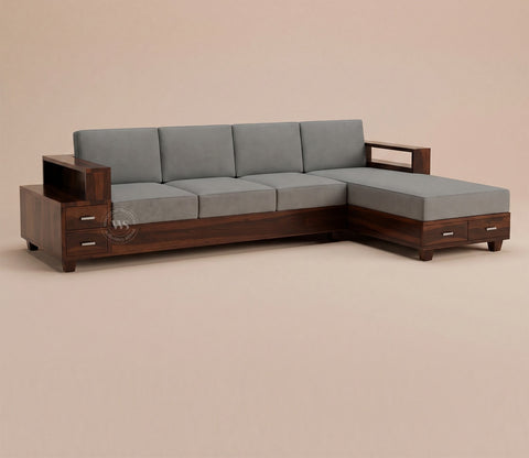 Solace L-Shape Right Aligned 4 Seater Sheesham Wood Sofa (Walnut Finish, Warm Grey)