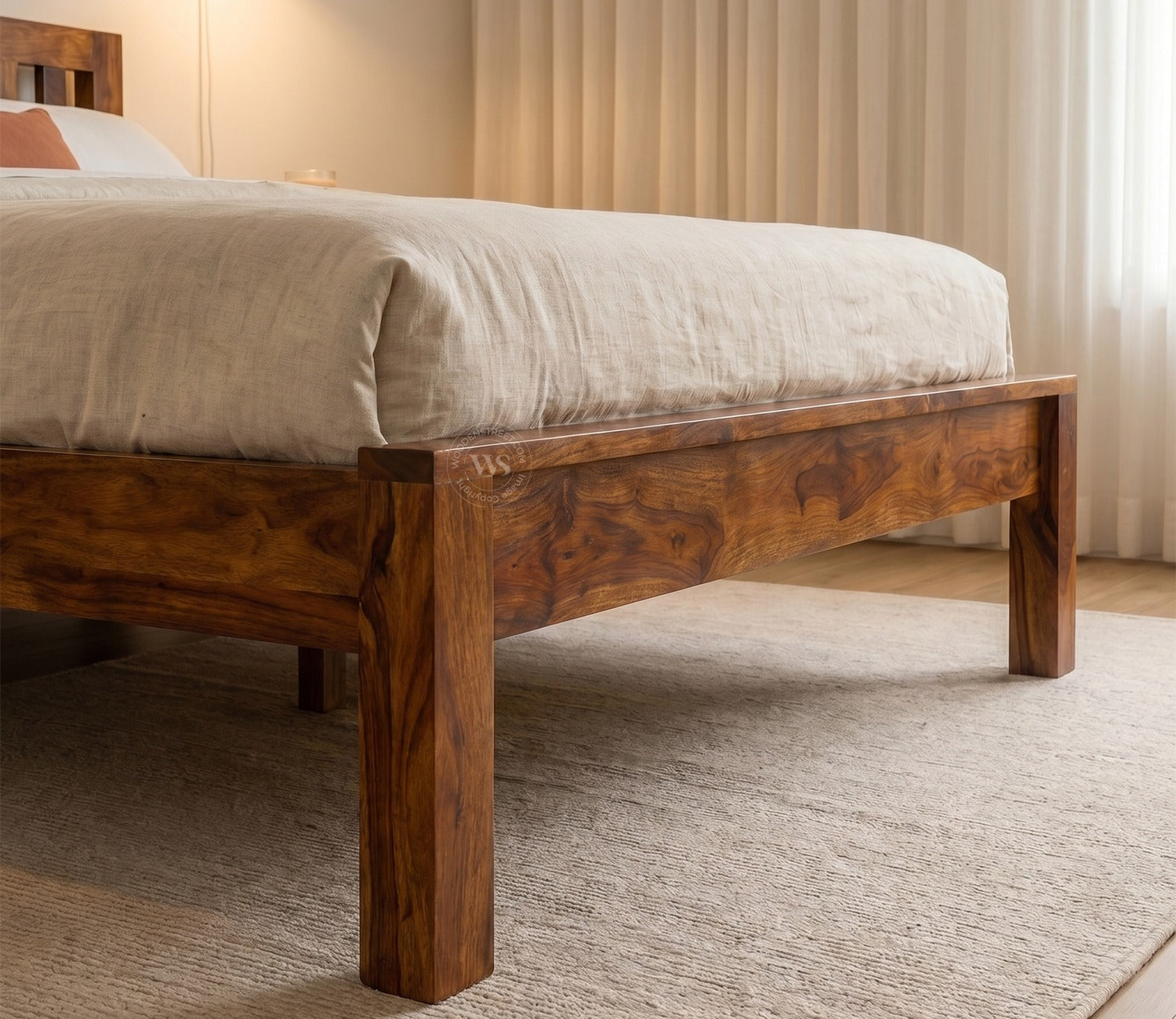 Venice Sheesham Wood Bed without Storage (Queen Size, Honey Finish)
