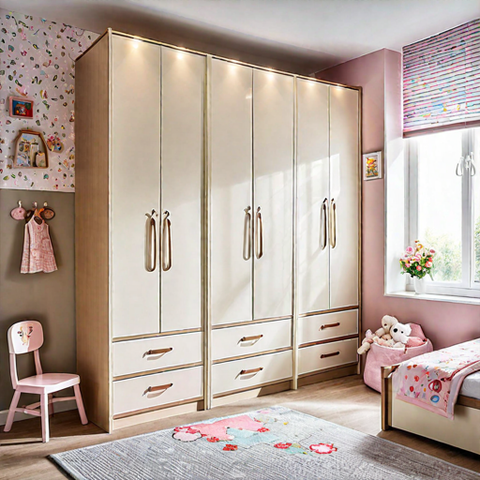 Trueliving  4 Door Fitted Kids wardrobe Laminated Finish & PU Finish (6Ft *2Ft *9Ft -1828.8MM X 609MM X 2743.2MM)