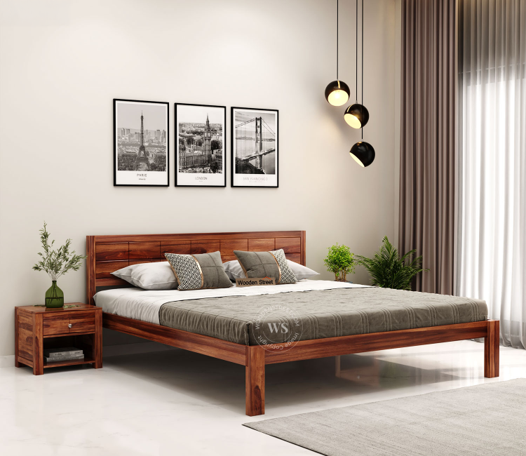 Brixton Sheesham Wood Bed Without Storage (King Size, Honey Finish)