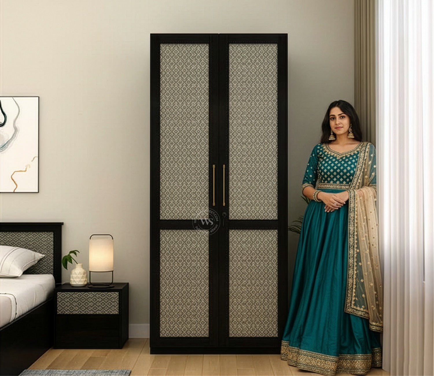 Tactica Engineered Wood Wardrobe with Textured MDF Accented Doors & Drawer Storage (Trellis Pattern)