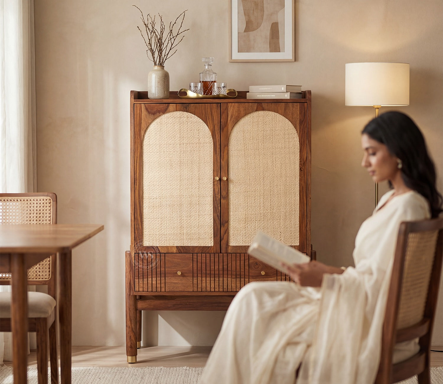 Amodh Sheesham Wood Bar Cabinet with Arched Cane Doors & Brass Handles (Teak Finish)