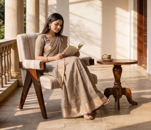 Troupe Sheesham Wood Chandigarh Chair with Premium Upholstery (Cream Stripes, Teak Finish)