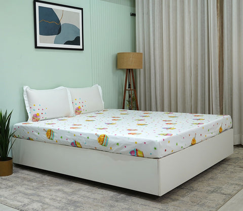 Cupcakes Flat Cotton Kids Bed Sheet King Size with 2 Pillow Covers