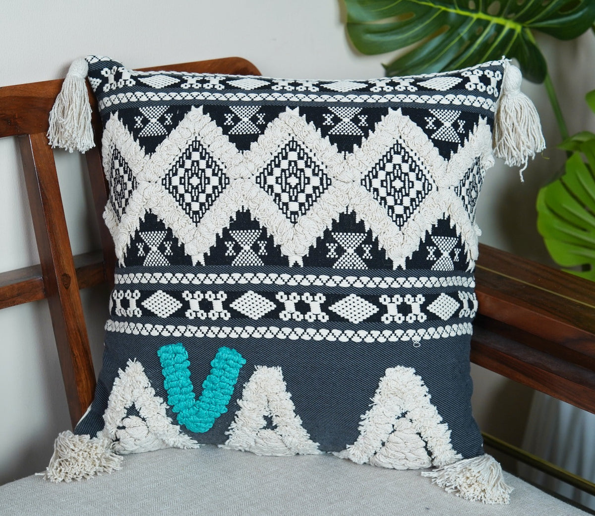 Abstract Tasseled Black Cotton Cushion Cover -18 x 18