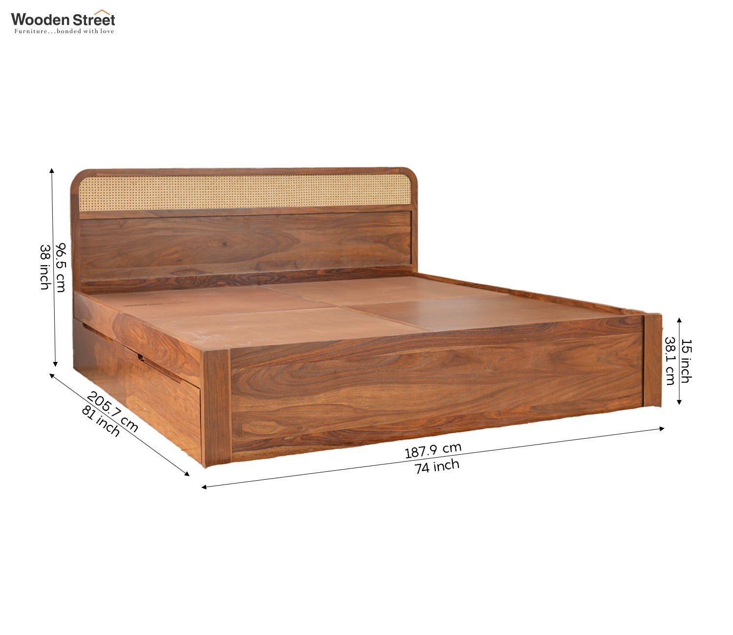 Balikos Sheesham Wood Bed with Drawer Storage and Cane Detailing (King Size, Teak Finish)
