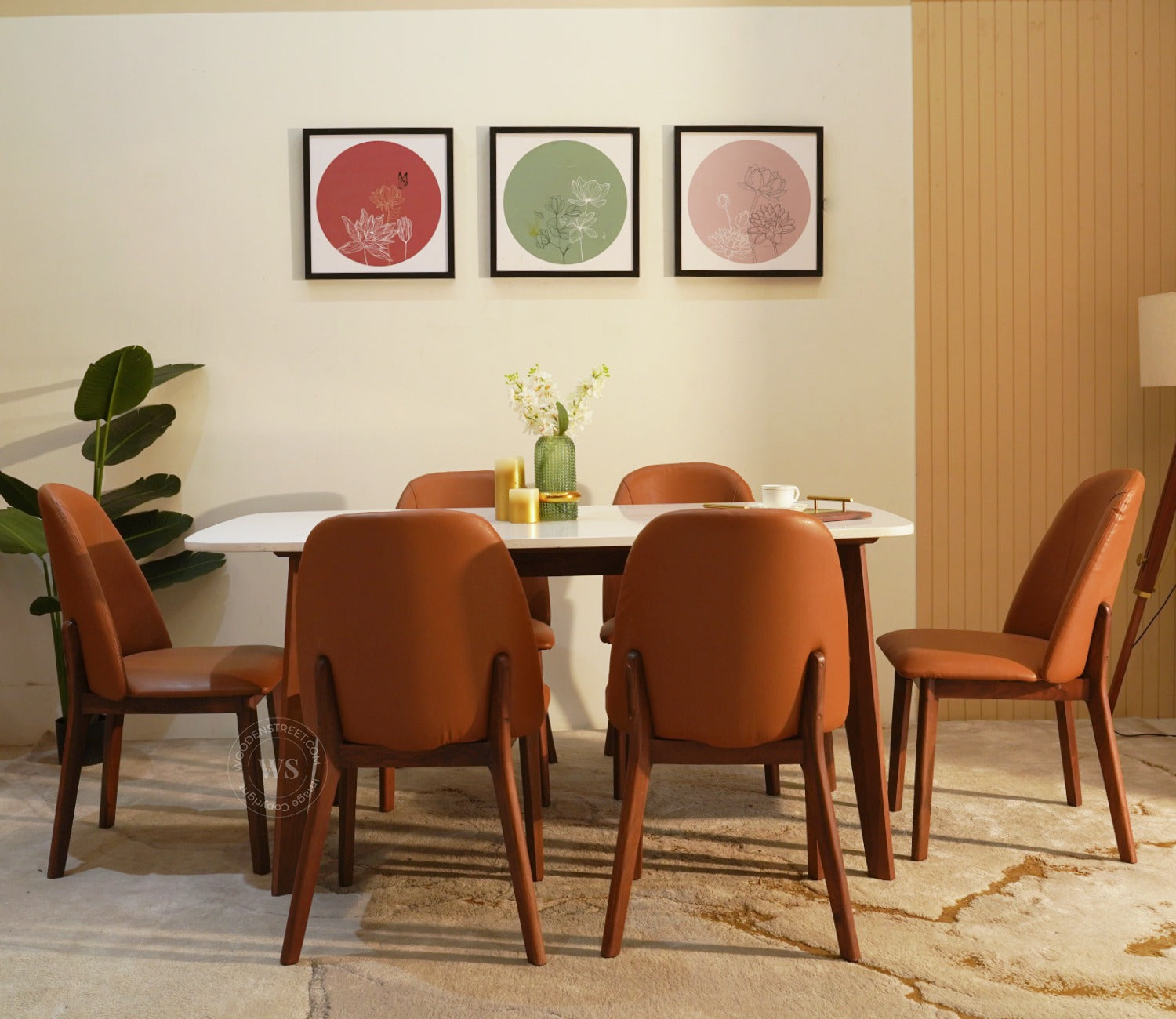 Valence 6 Seater Sheesham Wood Dining Set with Valence Quartz Top Table and Fressia Upholstered Chair (Teak Finish)