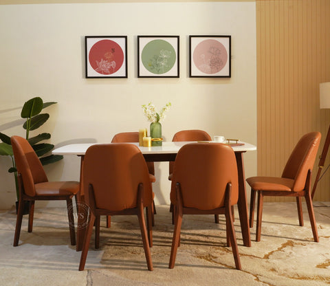 Valence 6 Seater Sheesham Wood Dining Set with Valence Quartz Top Table and Fressia Upholstered Chair (Teak Finish)