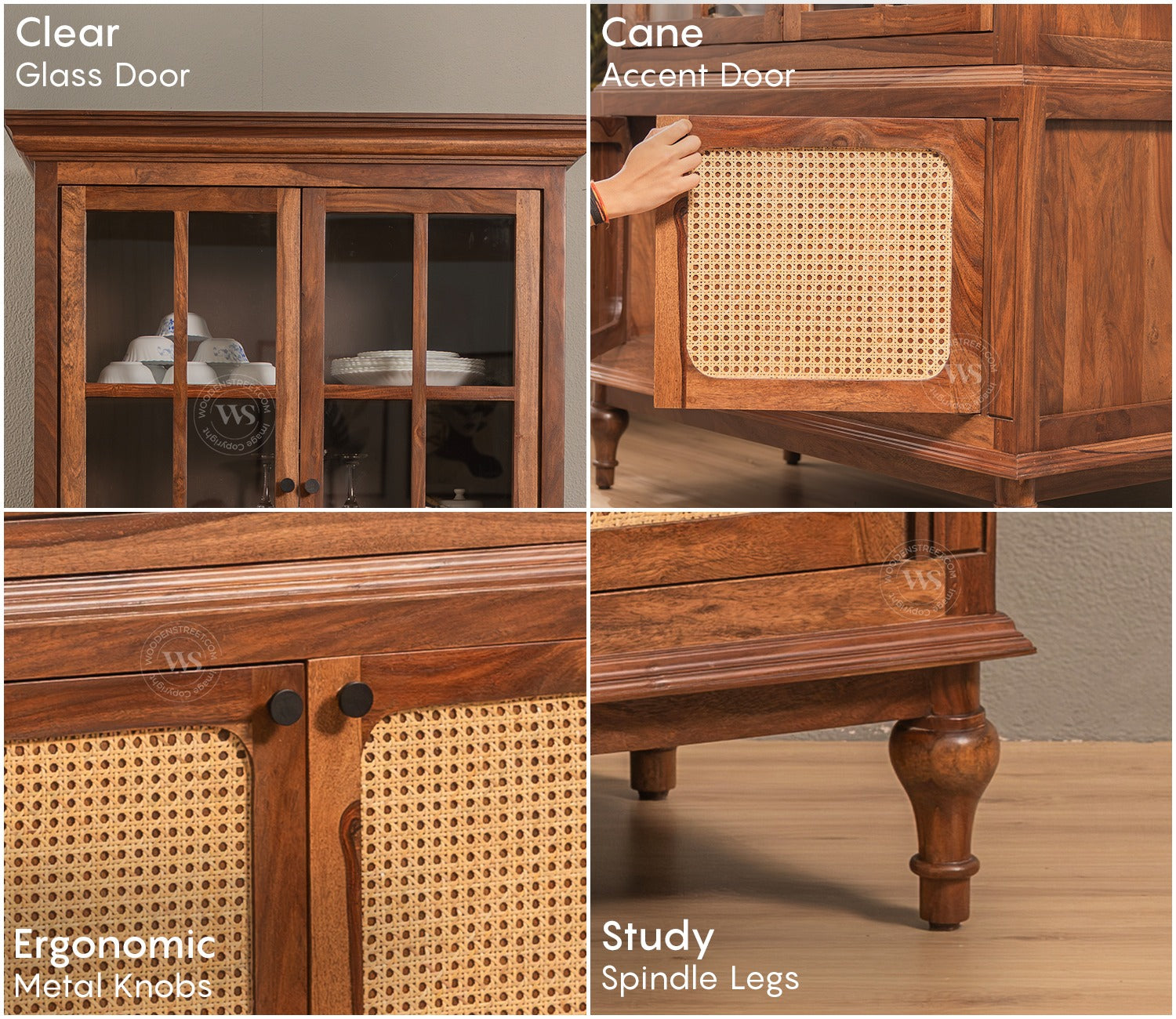 Taksha Sheesham Wood Kitchen Cabinet with Glass Doors & Cane Accent (Teak Finish)