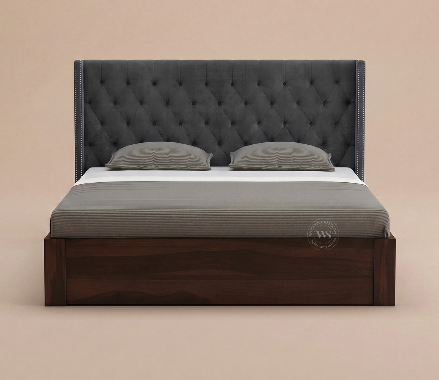 Drewno Sheesham Wood Upholstered Bed With Storage (Queen Size, Graphite Grey)