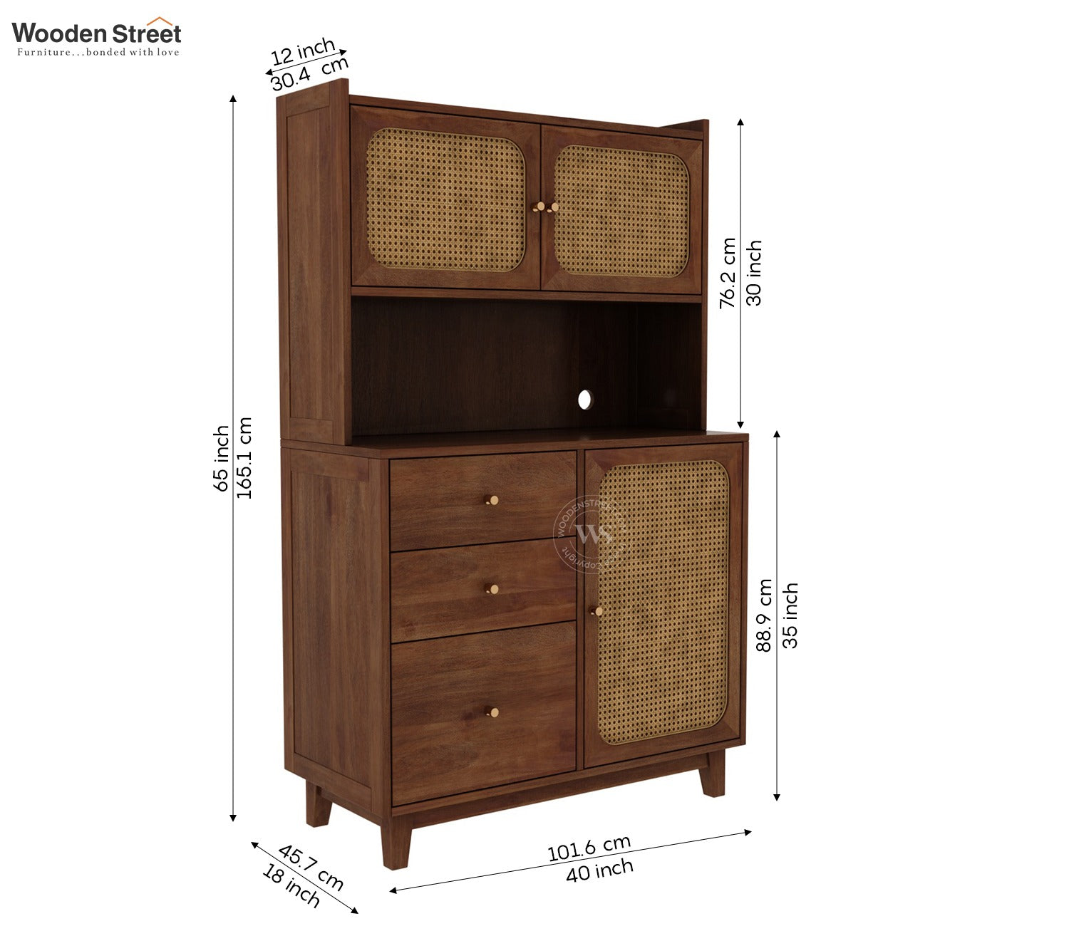 Divit Mango Wood Kitchen Cabinet with Cane Detailing & Brass Knobs (Teak Finish)