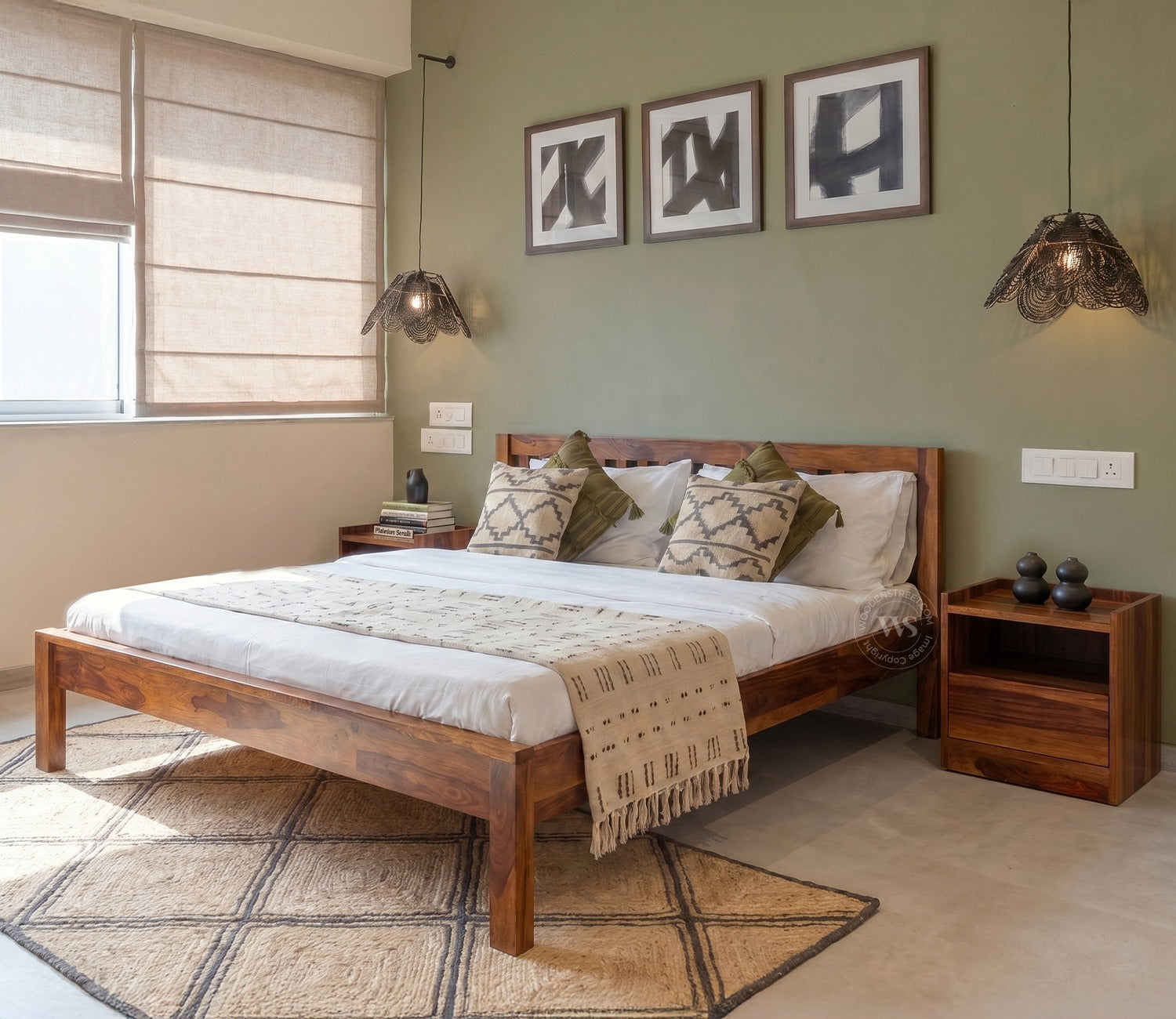 Venice Sheesham Wood Bed without Storage (Queen Size, Honey Finish)