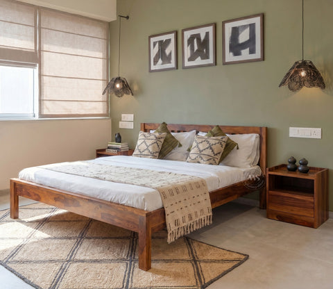 Venice Sheesham Wood Bed without Storage (Queen Size, Honey Finish)