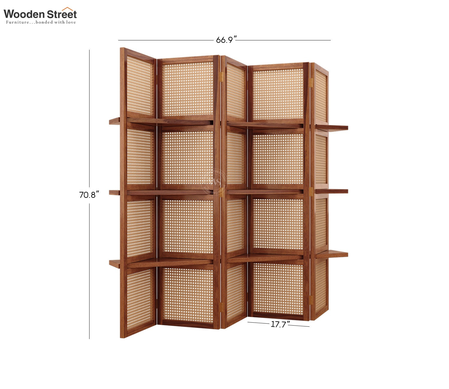 Aakaar Sheesham Wood Foldable Room Divider with Cane Weave & Open Shelves - 5 Panel Partition Screen