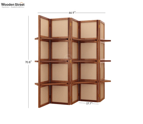 Aakaar Sheesham Wood Foldable Room Divider with Cane Weave & Open Shelves - 5 Panel Partition Screen