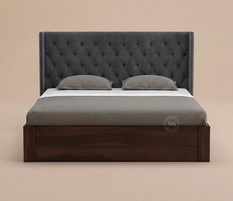 Drewno Sheesham Wood Upholstered Bed With Storage (King Size, Graphite Grey)