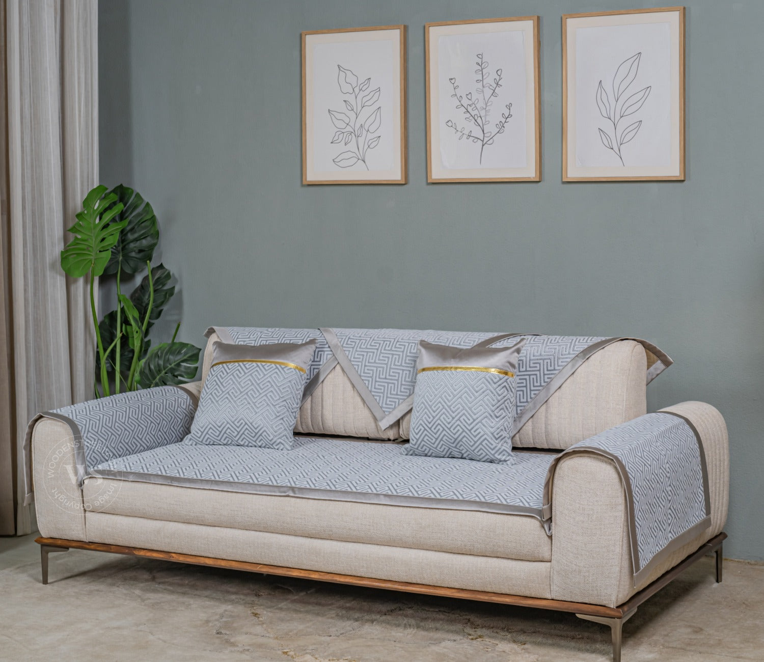 Cream Checkered Abstract Grey Pattern 3 Seater Sofa Cover - Set of 8