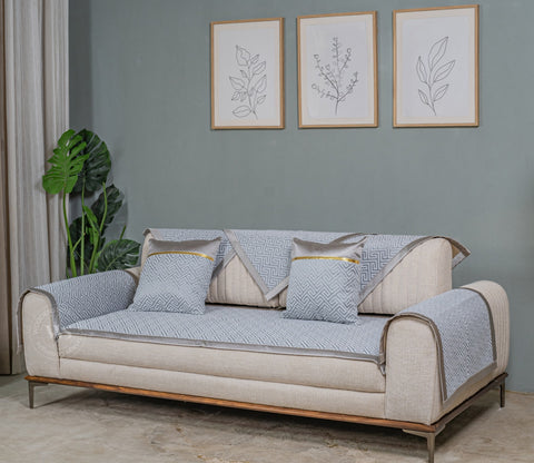 Cream Checkered Abstract Grey Pattern 3 Seater Sofa Cover - Set of 8
