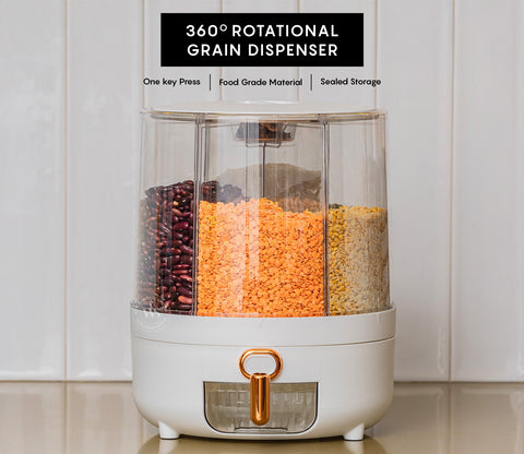 Rotarion 6- Compartment All-In-One Rotating Grain Dispenser (White, Large)