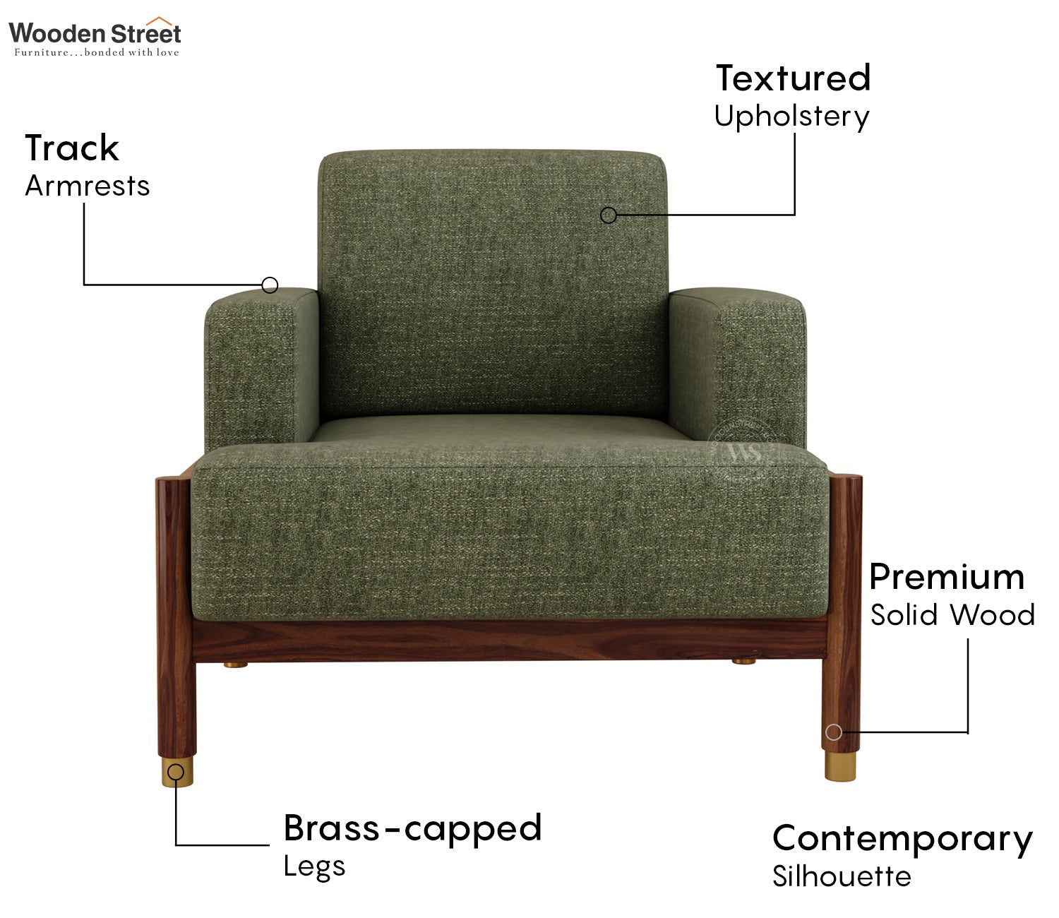 Kairav Modern 3+1+1 Wooden Sofa Set with Premium Upholstery (Sage Green)