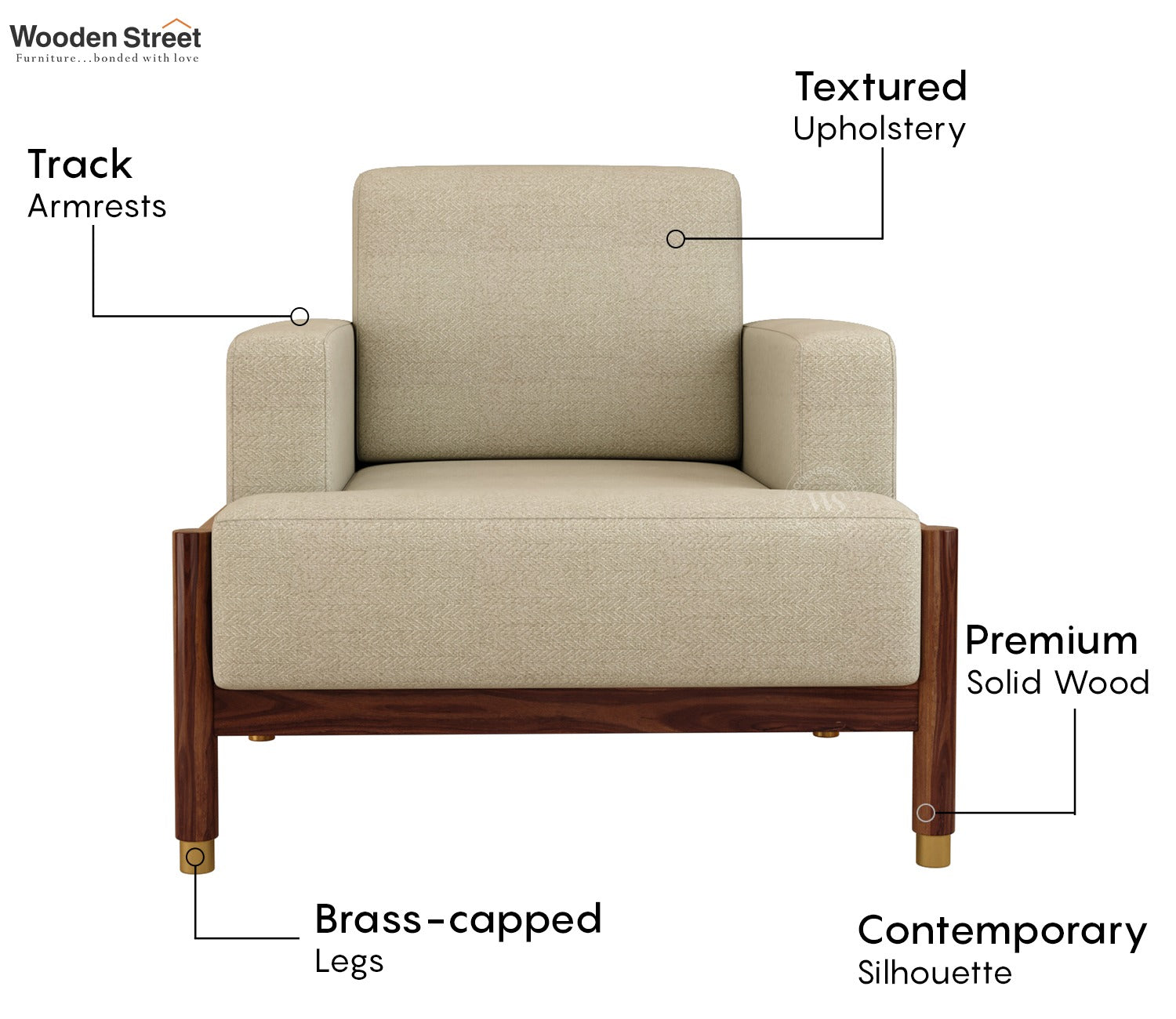 Kairav Modern 1 Seater Wooden Sofa with Premium Upholstery (Cottage Ivory)