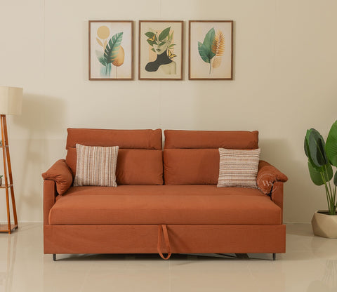 Bruna 3-Seater Convertible Sofa Cum Bed | Pull-Out Mechanism | Adjustable Backrest | Premium Fabric Upholstery | Space-Saving Design (Orange)