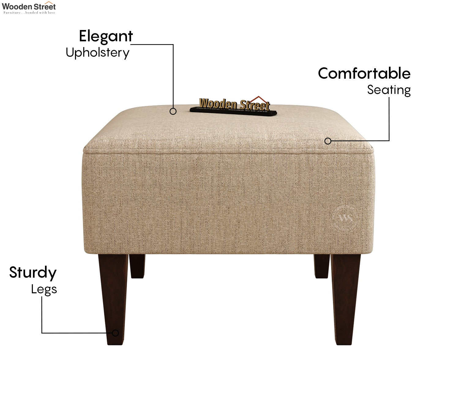 Minerva Premium Upholstered Ottoman Stool With Wooden Legs (Jade Ivory, Walnut Finish)