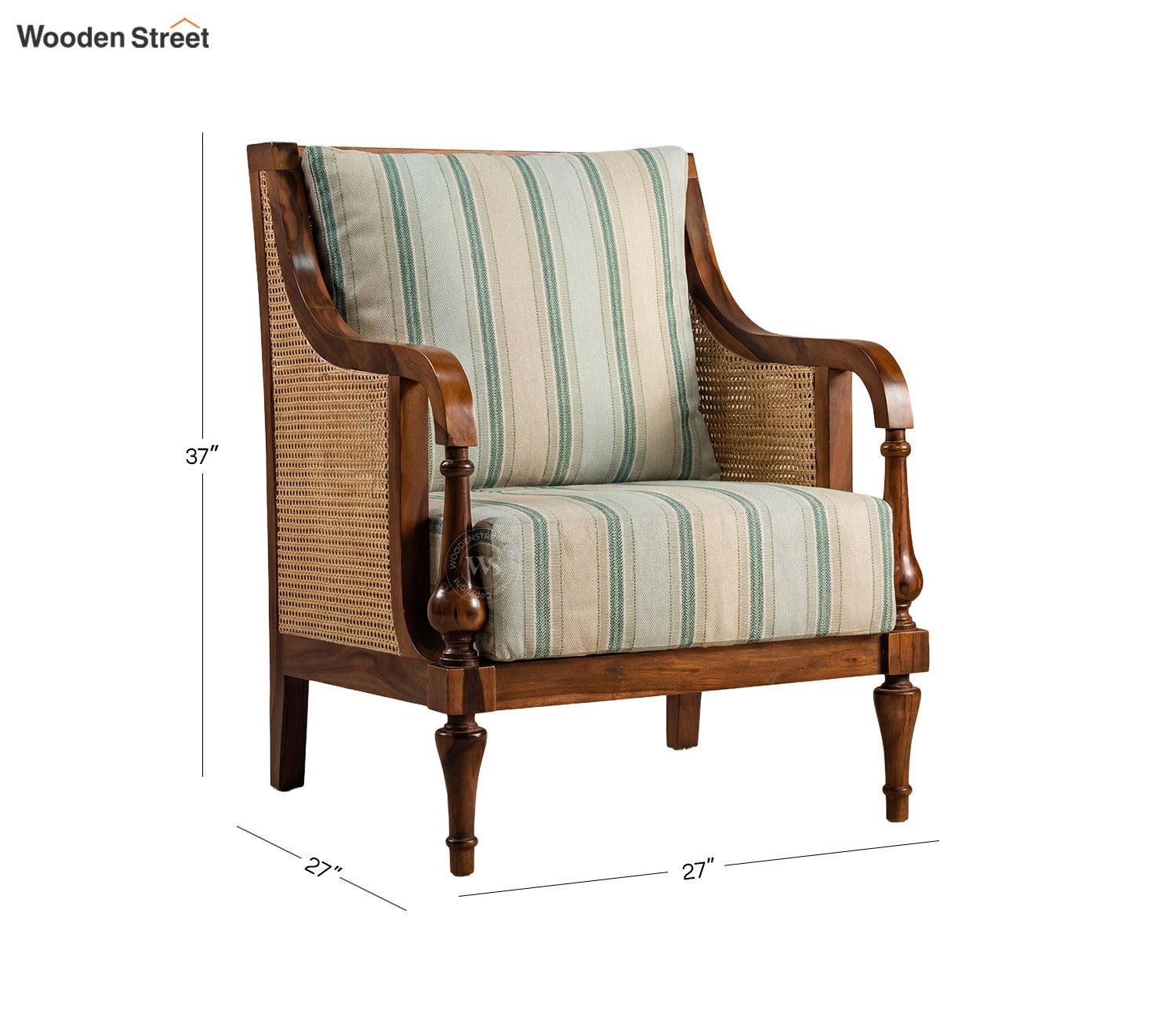 Eterna Sheesham Wood Lounge Chair With Premium Upholstery & Cane Detailing (Teak Finish)