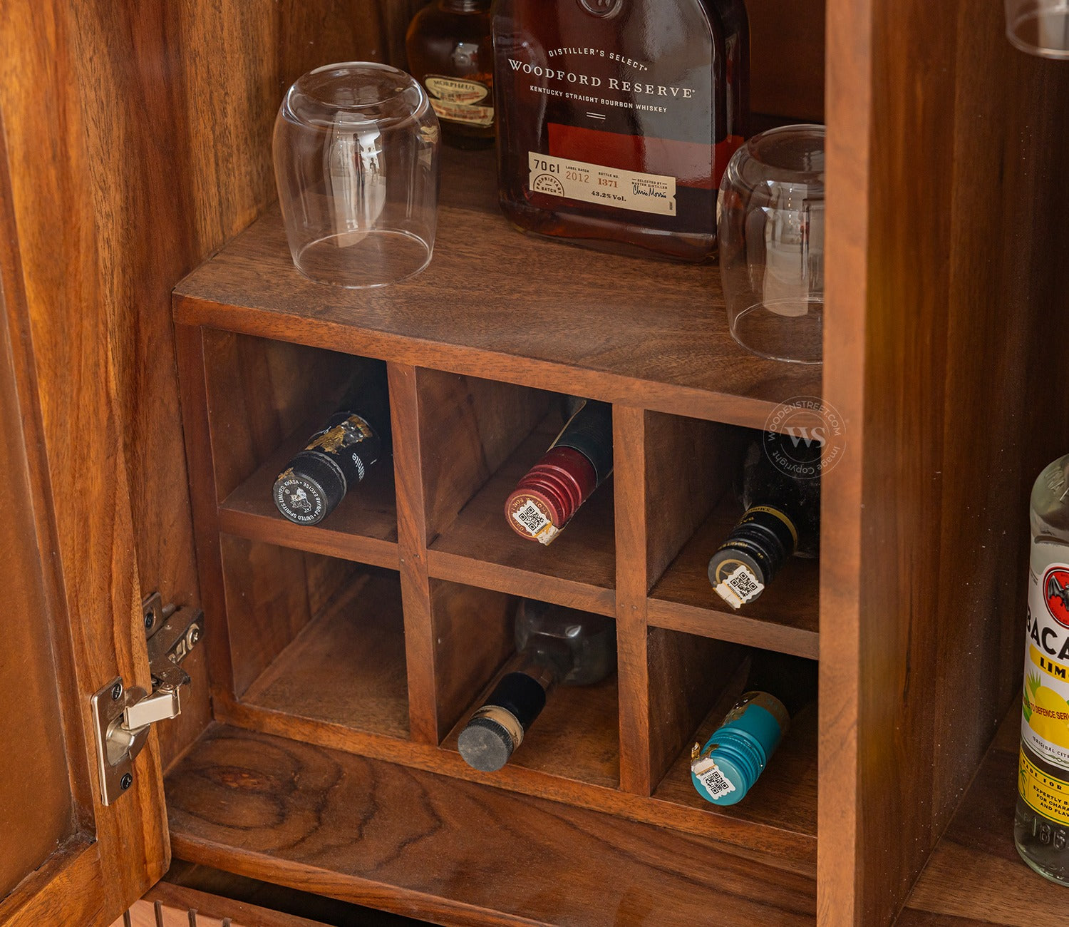 Amodh Sheesham Wood Bar Cabinet with Arched Cane Doors & Brass Handles (Teak Finish)