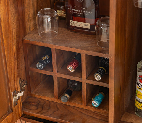 Amodh Sheesham Wood Bar Cabinet with Arched Cane Doors & Brass Handles (Teak Finish)