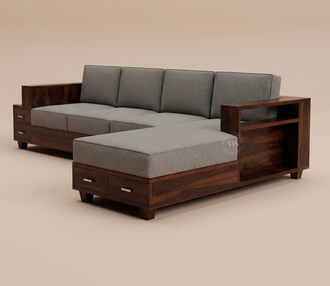 Solace L-Shape Right Aligned 4 Seater Sheesham Wood Sofa (Walnut Finish, Warm Grey)
