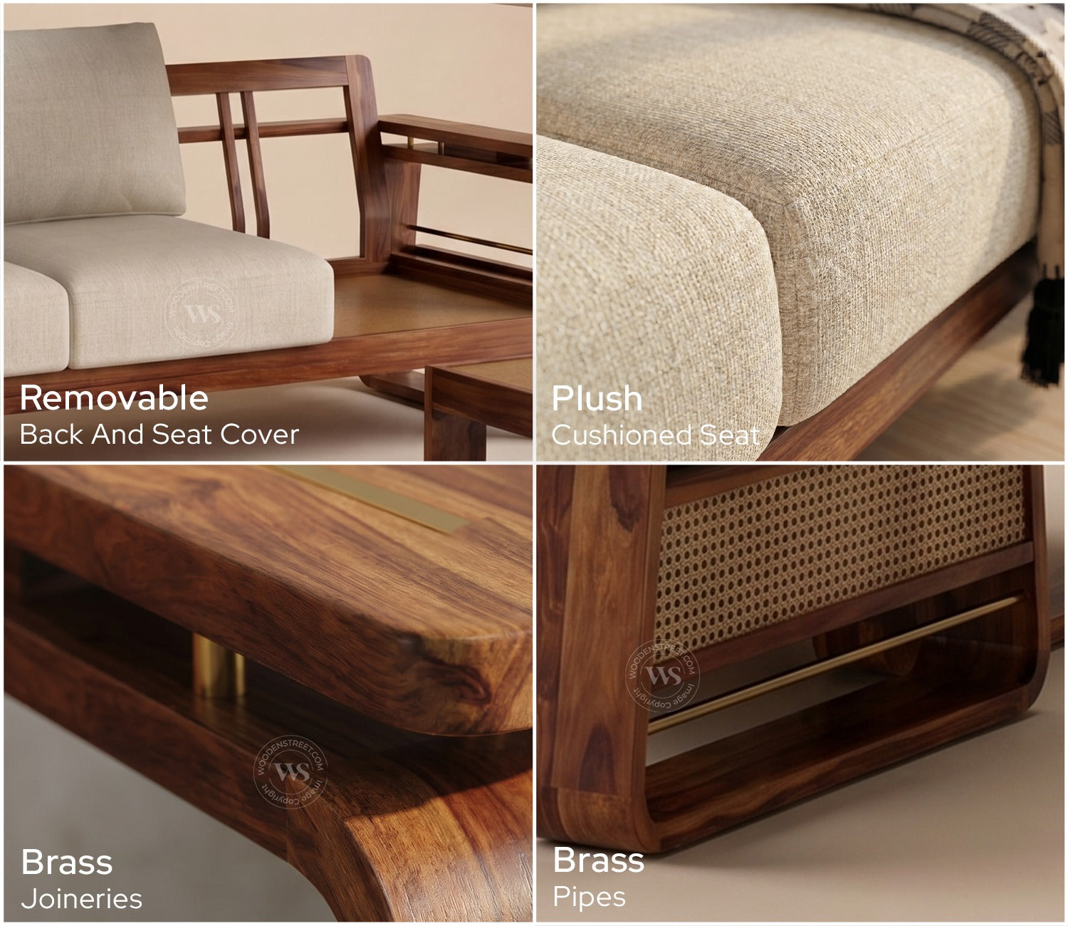 Vedic Sheesham Wood L Shape Left Align Sofa With Cane and Brass Detailing (Honey Finish, Jade Ivory)