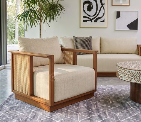 Varnik 3+1+1 Ash Wood Sofa Set with Cane Accents (Teak Finish, Cottage Ivory)