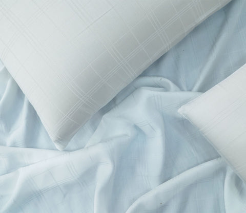 Dobby Checks Organic Bamboo 300 TC 2 Pillowcases and 1 Flat Bedsheet (White, Queen Size)