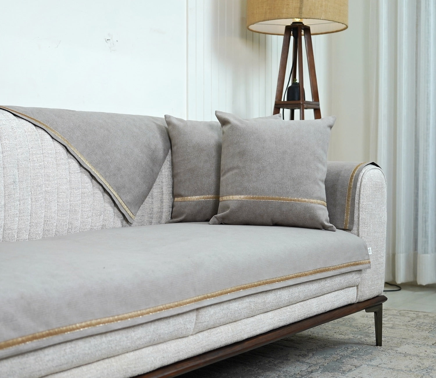 Princeton 3 Seater Premium Sofa Cover with Shimmer Lace - Set of 9 (Latte Beige)