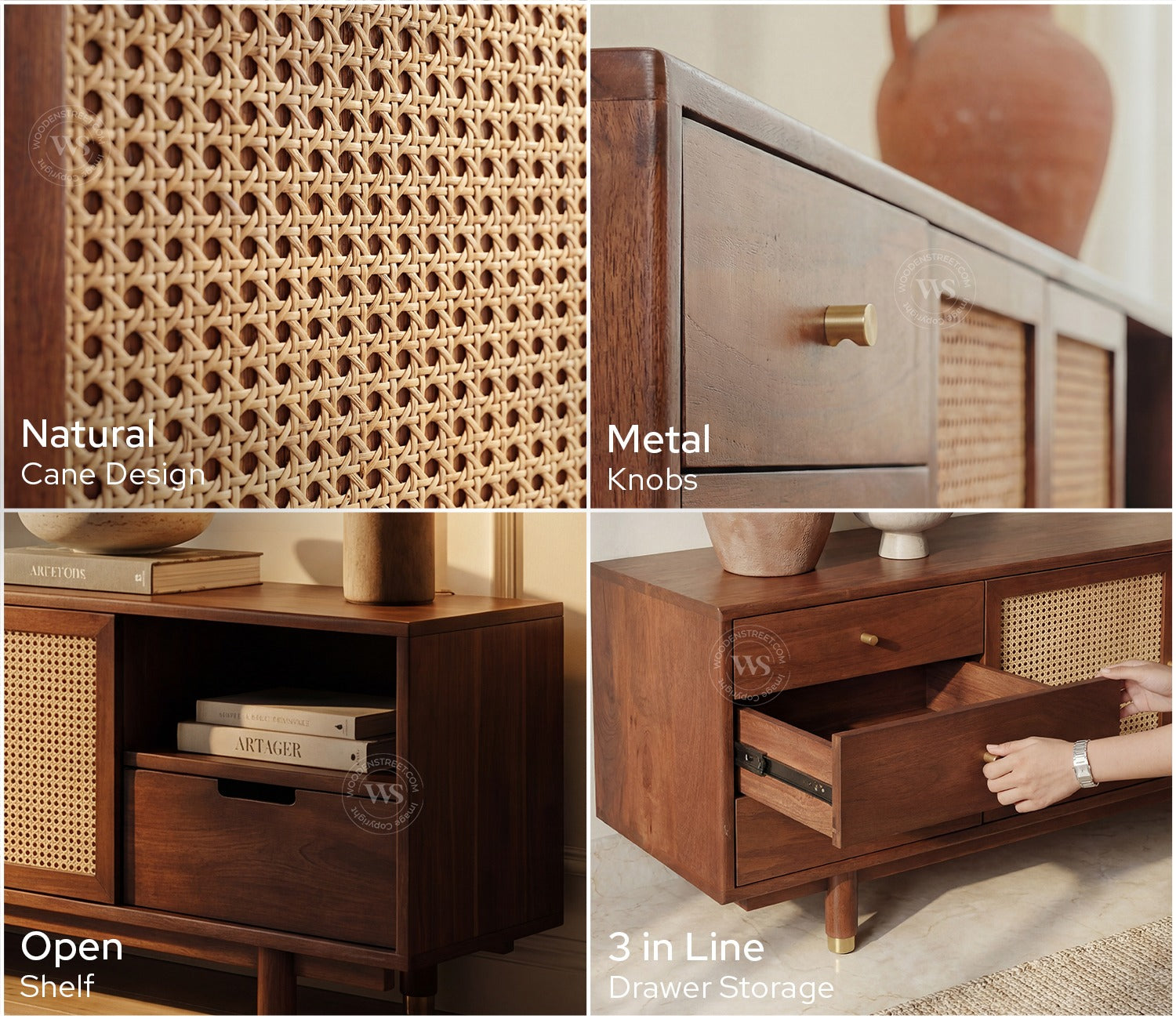 Eka Premium Mango Wood TV Unit with Natural Cane Detailing - Bohemian Contemporary Design (Teak Finish)
