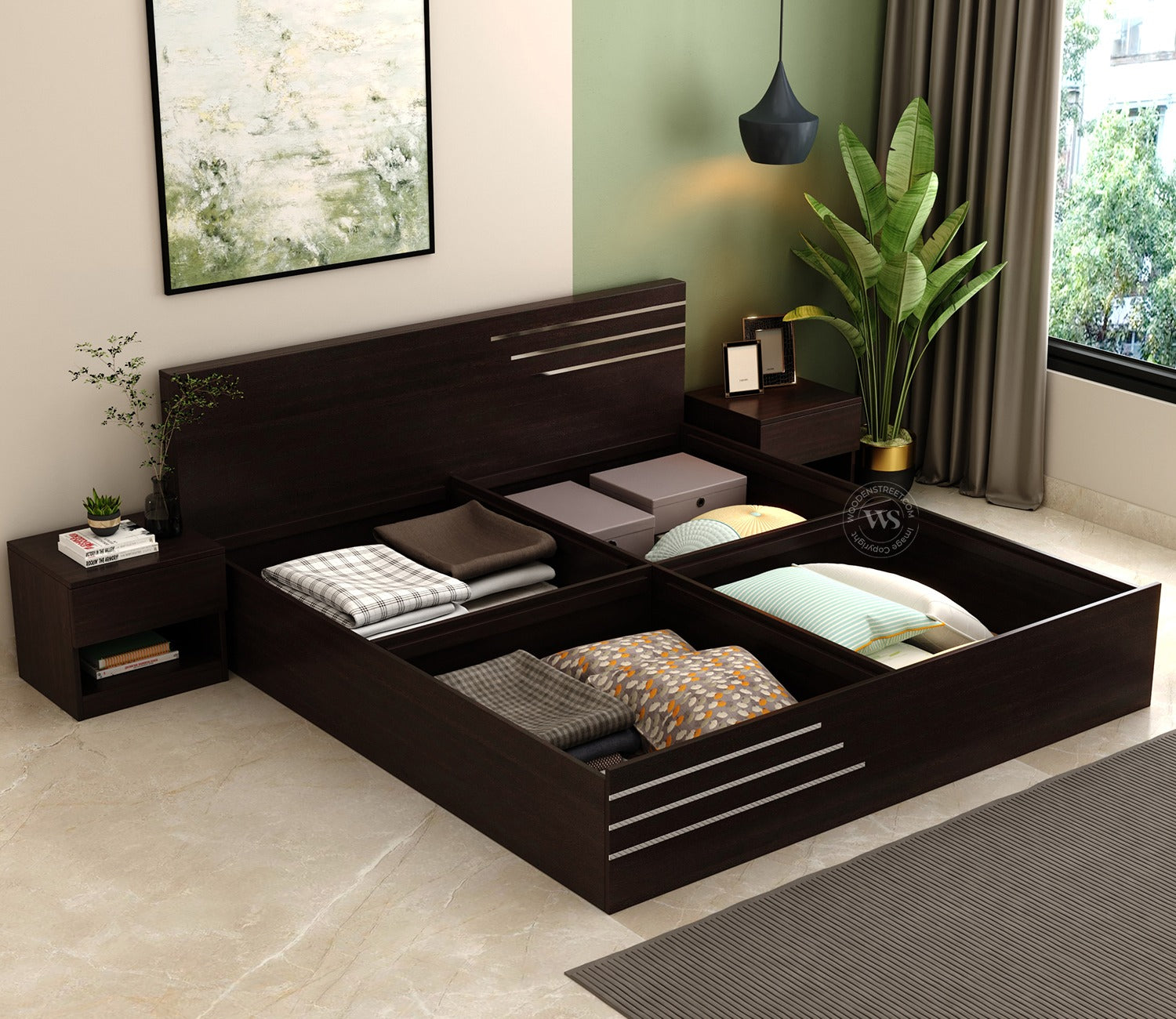 Treaden Premium Engineered Wood Bed With Quad Sectioned Box Storage (Queen Size, Flowery Wenge Finish)