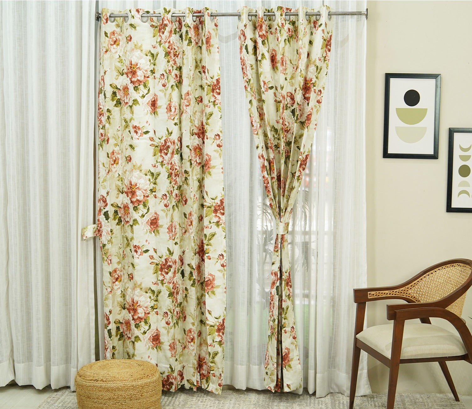 Bloom Floral Print Light-Filtering Door Curtains Set of 2 (Orange, 7 Feet)
