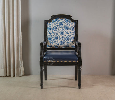 Heritage Dual Upholstery Sheesham Wood Arm Chair with Brass Detailing (Blue)