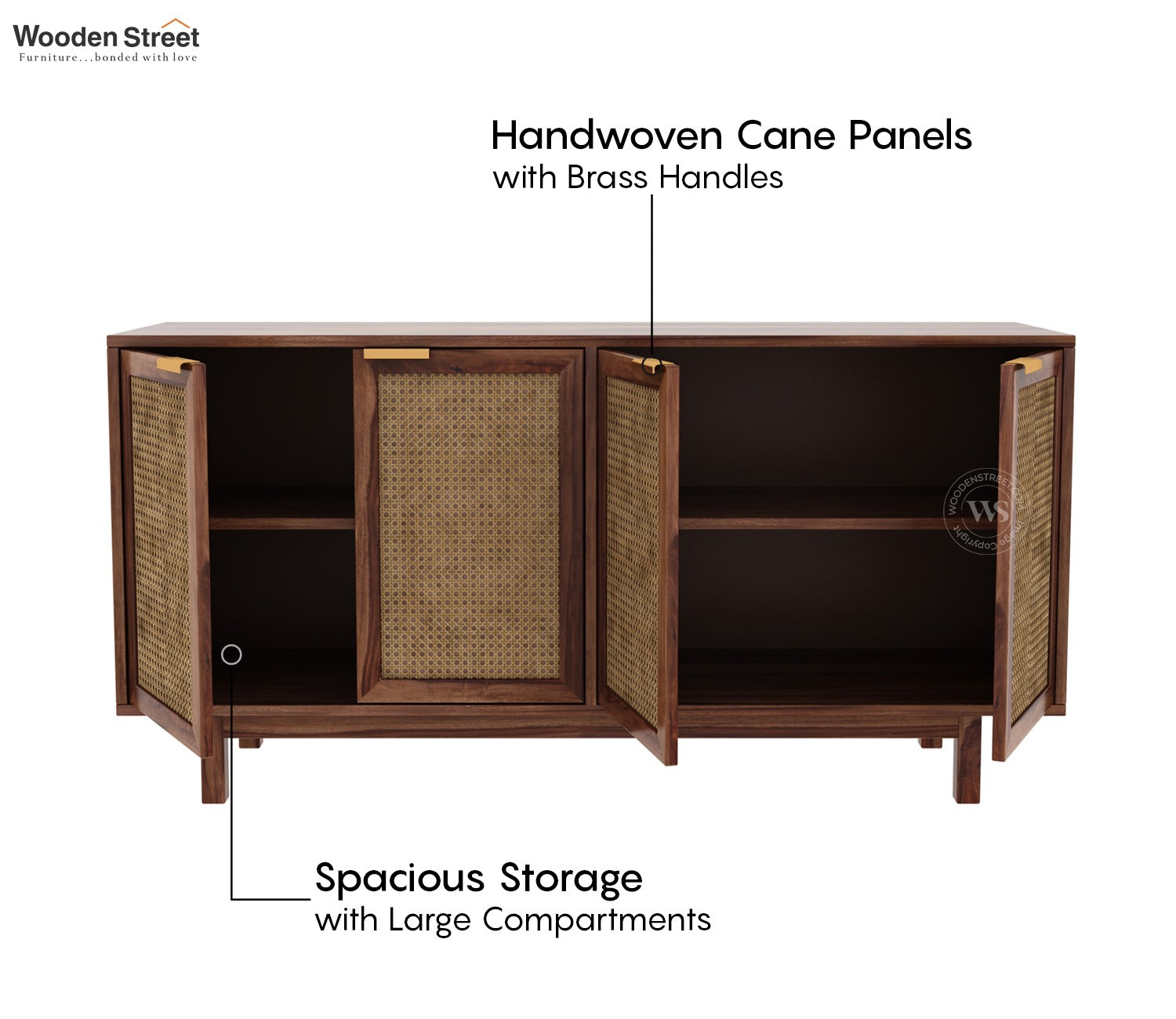 Rivena Solid Wood Cane Cabinet with Storage (Honey Finish)
