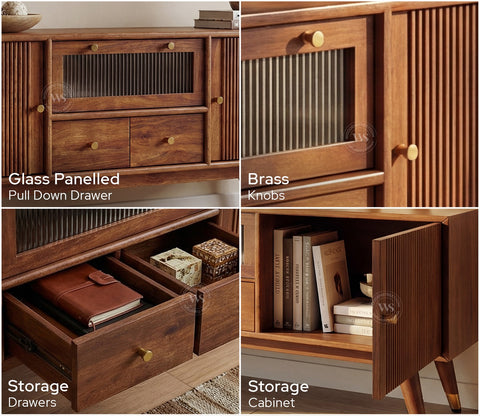 Hamona Premium Mango Wood TV Unit with Drawers And Cabinets (Teak Finish)