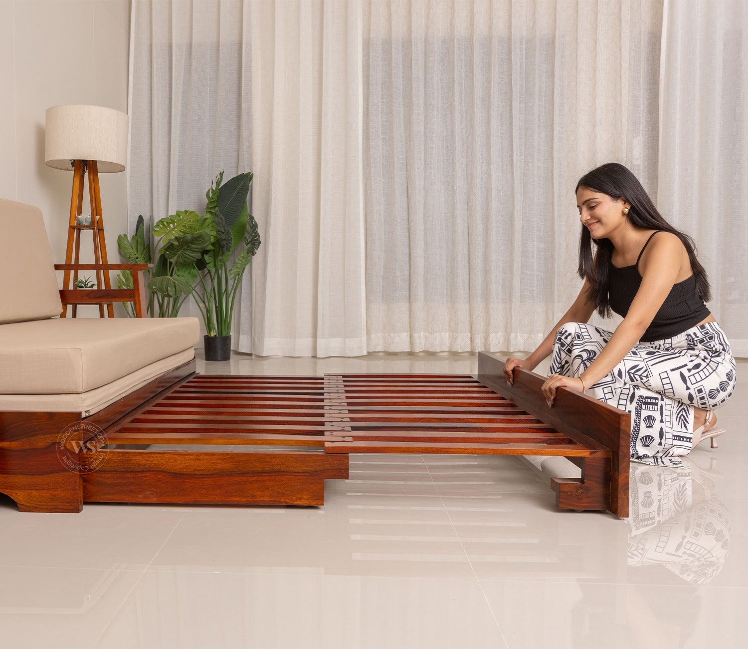 Della Sheesham Wood Sofa Cum Bed With Armrests (Honey Irish Cream)